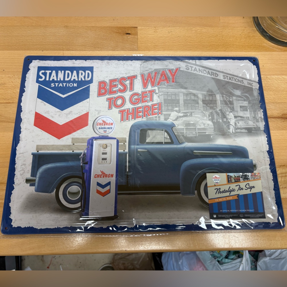 Chevron Standard Station Metal Sign. 17”x12”. Blue Pickup Truck. Gas Station.